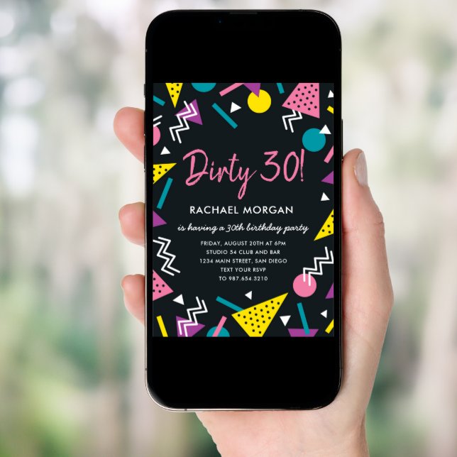 Dirty 30 Black and Retro Birthday Invitation (Front Digital)
