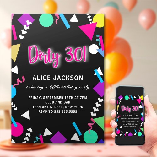 Dirty 30 Black and Retro Birthday Invitation