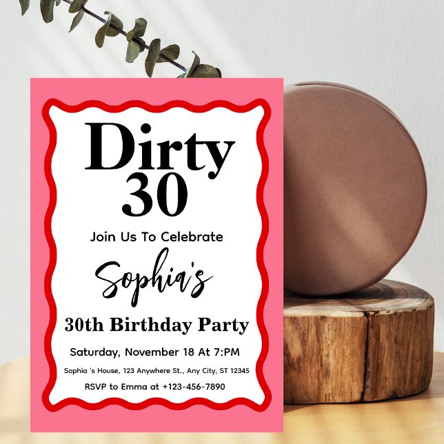 Dirty 30 Pink And Red Curve Squiggle 30th Birthday Invitation (Creator Uploaded)