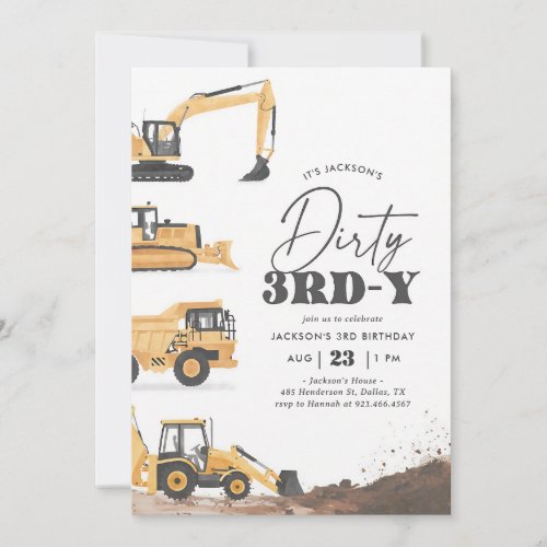 Dirty 3rd Construction Vehicle Birthday Invitation
