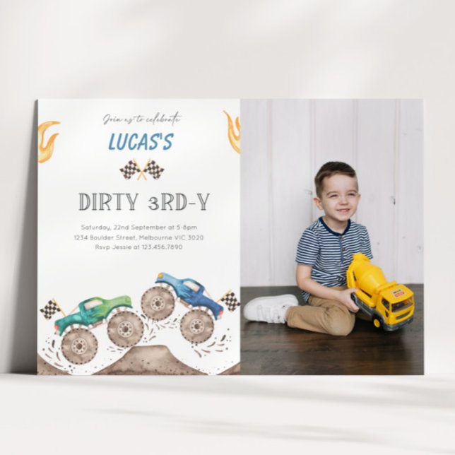 Dirty 3rd-y Monster Truck 3rd Birthday Photo Invitation (Creator Uploaded)