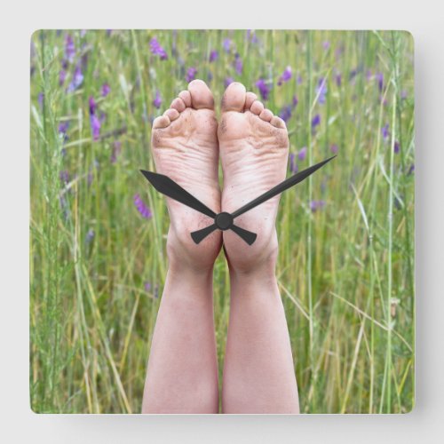 Dirty Bare Feet In Wildflowers Square Wall Clock