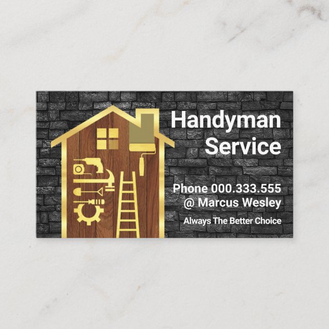 Dirty Brick Wall Gold Handyman Tools Building Business Card (Front)