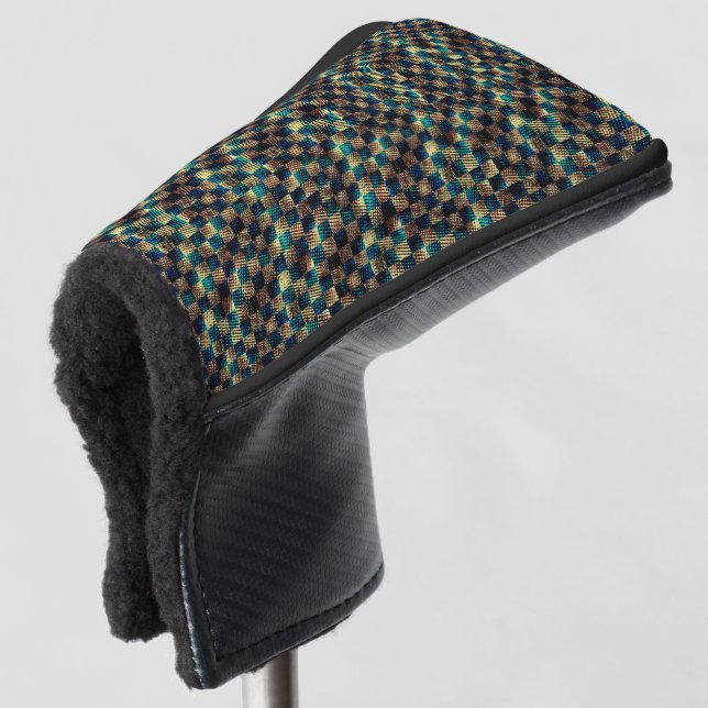 Dirty chess and scratched effect, blue and yellow golf head cover (3/4 Front)