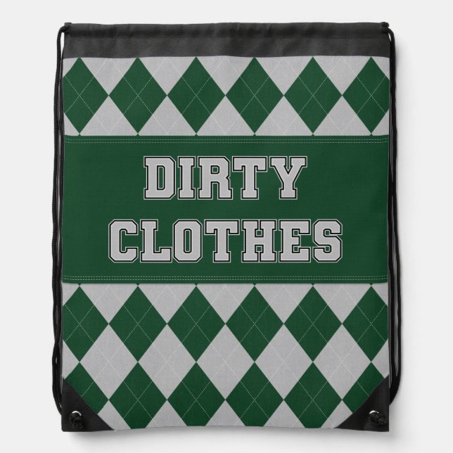 Dirty Clothes Green Grey Argyle College Laundry Drawstring Bag (Front)