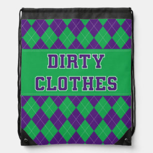 Dirty Clothes Purple Green Argyle College Laundry  Drawstring Bag