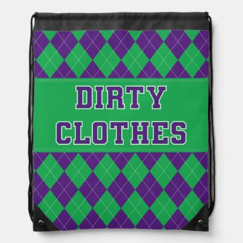 Dirty Clothes Purple Green Argyle College Laundry  Drawstring Bag