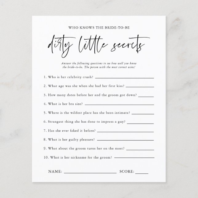 Dirty Little Secrets | Bachelorette Party Game  (Front)