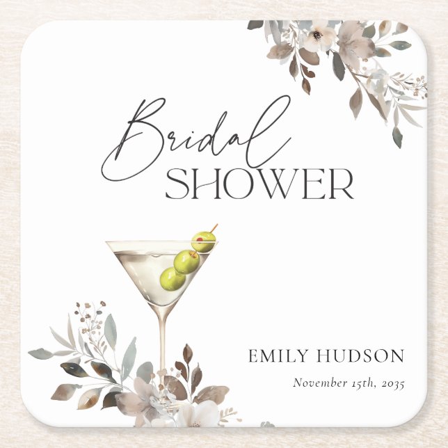 Dirty Martini Cocktail Bridal Shower Square Paper Coaster (Front)