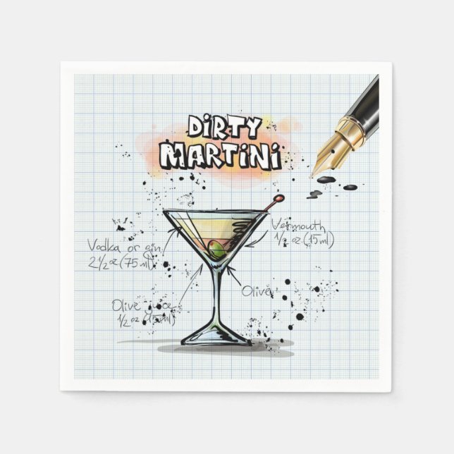 Dirty Martini Recipe Bar Drawing Napkins (Front)