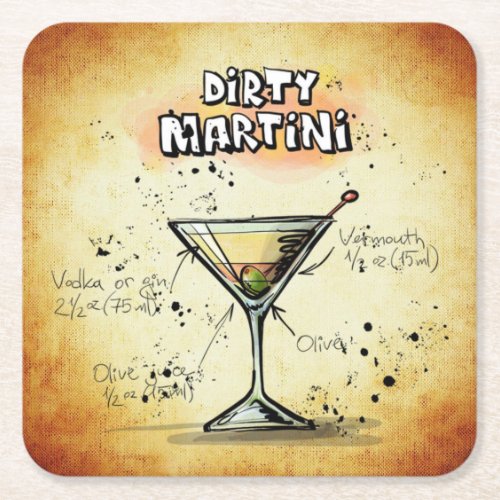 Dirty Martini Recipe Bar Gold Square Paper Coaster