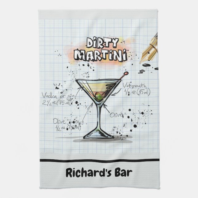 Dirty Martini Recipe Personalized Bar Drawing Kitchen Towel (Vertical)