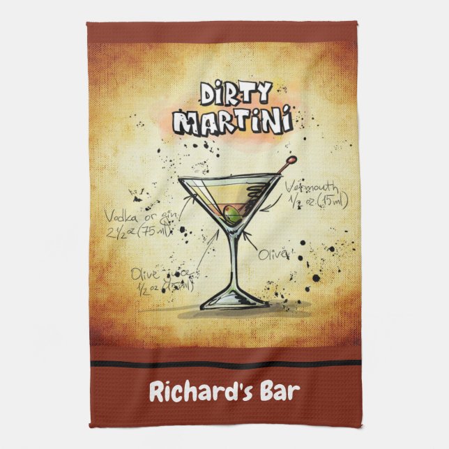 Dirty Martini Recipe Personalized Custom Bar Gold Kitchen Towel (Vertical)