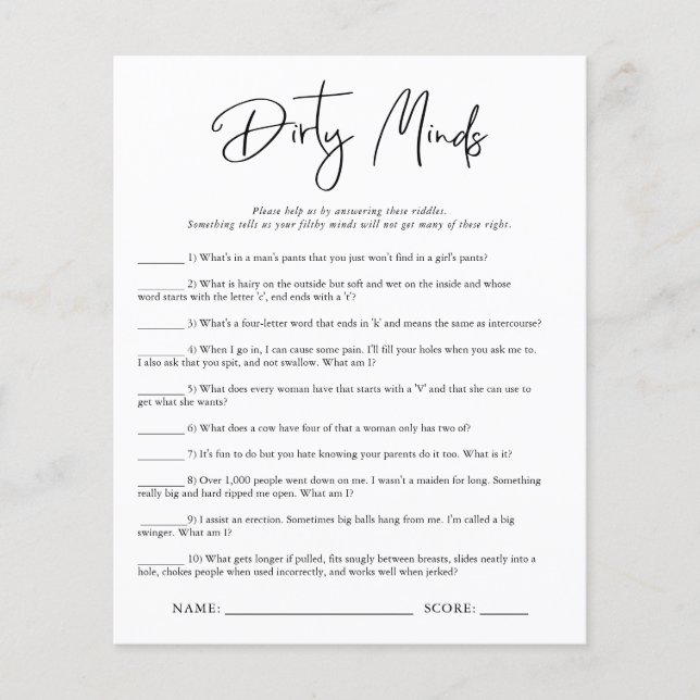 Dirty Minds | Bridal Shower Game (Front)