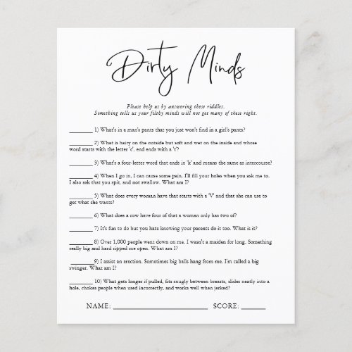 Dirty Minds  Bridal Shower Game