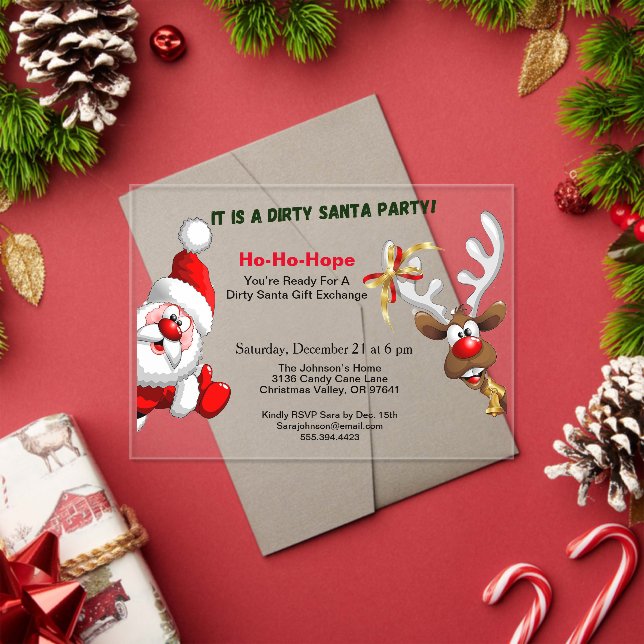 Dirty Santa Gift Exchange Santa & Rudolph Deer Acrylic Invitations (Insitu (Holiday))