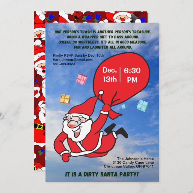 Dirty Santa Party Flying with a Blue Sky Christmas Invitation (Front/Back)