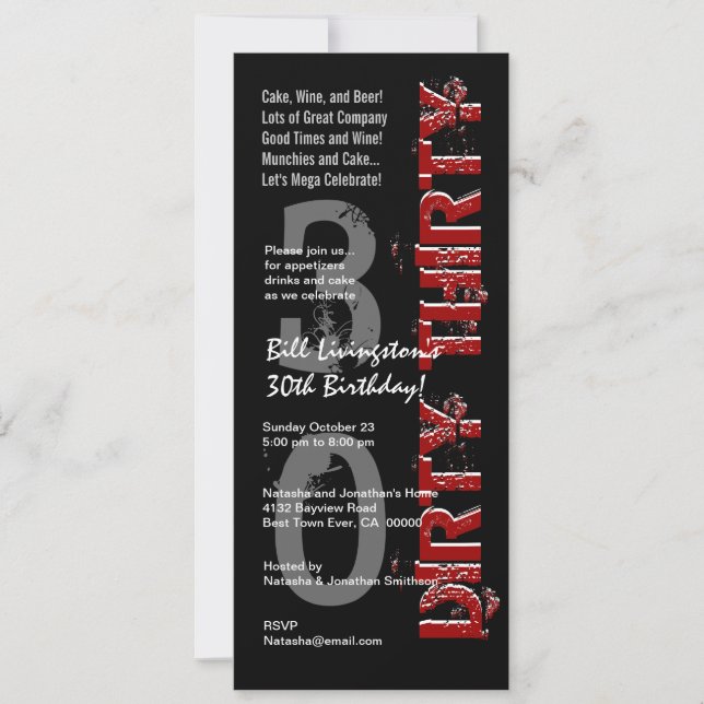 DIRTY THIRTY 30th Birthday Party Black Red Tall Invitation (Front)