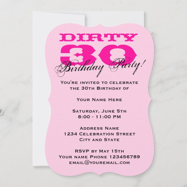 Dirty Thirty 30th Birthday Party invitations (Back)