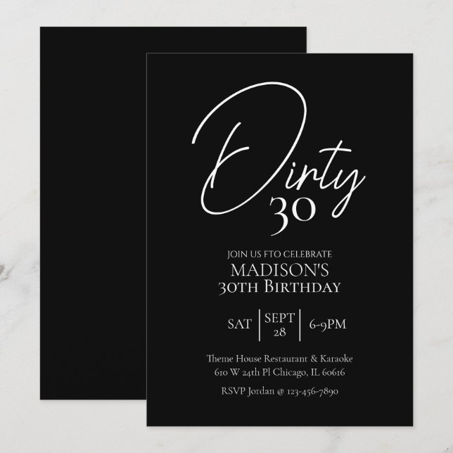 Dirty Thirty 30th Black & White Birthday Invitation (Front/Back)