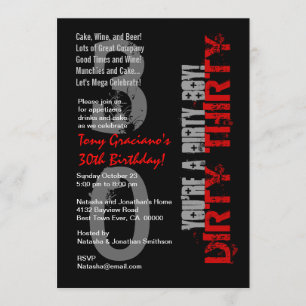 Dirty Thirty Birthday Black White Red Dirty Boy Invitation