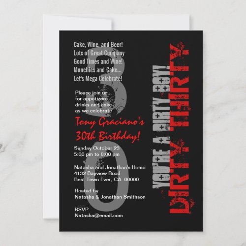 Dirty Thirty Birthday Black White Red Dirty Boy Personalized Invites