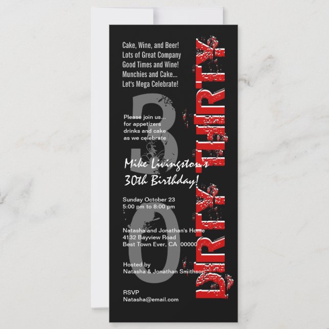 DIRTY THIRTY Birthday Party Black White Red Tall Invitation (Front)
