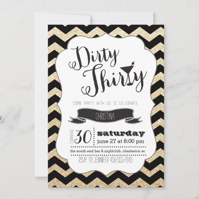 Dirty Thirty Black & Gold Chevron Birthday Invite (Front)