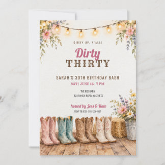 Dirty Thirty Cowgirl Boots 30th Birthday Invitation
