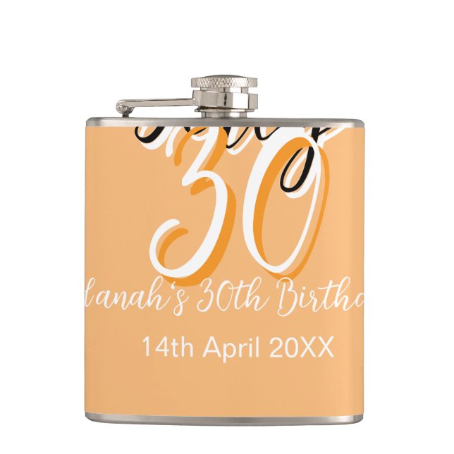 Dirty thirty orange white simple retro birthday ad flask (Front)