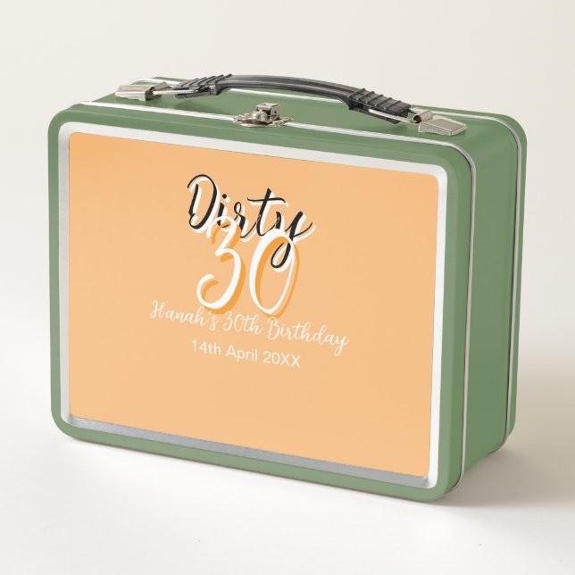 Dirty thirty orange white simple retro birthday ad metal lunch box (Front)