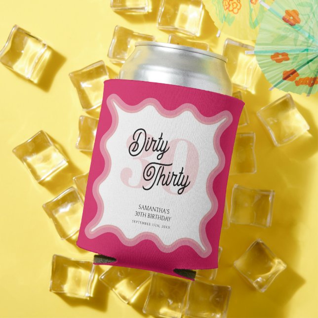 Dirty Thirty Pink Curvy Frame Retro 30th Birthday  Can Cooler (In Situ Summer)