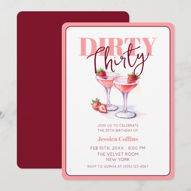 Dirty Thirty Pink Red Cocktail 30th Birthday Party Invitation (Front/Back)