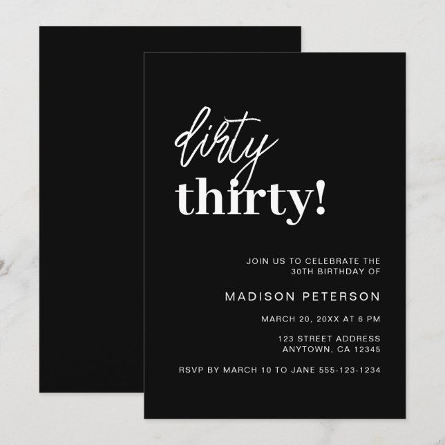Dirty Thirty Simple Black & White Birthday Party Invitation (Front/Back)
