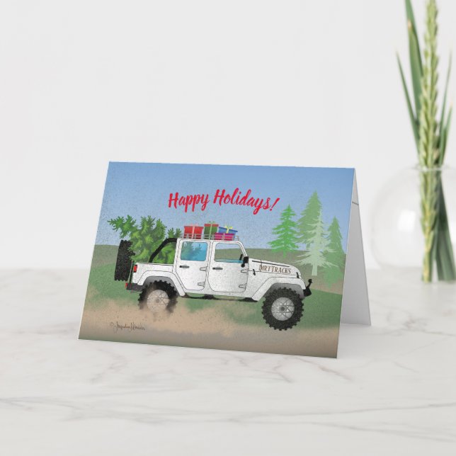 Dirty White 4wd Truck, Christmas Tree, Holiday Card (Front)