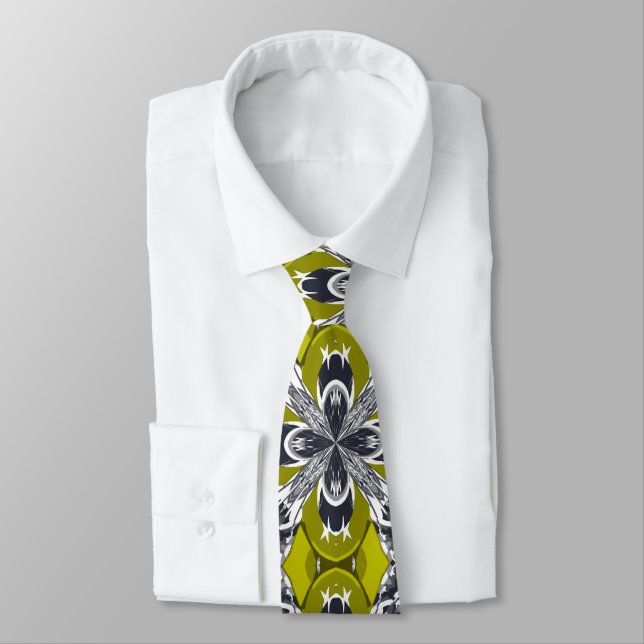 Dirty Yellow Grey and White Repeat Tile Pattern Neck Tie (Tied)