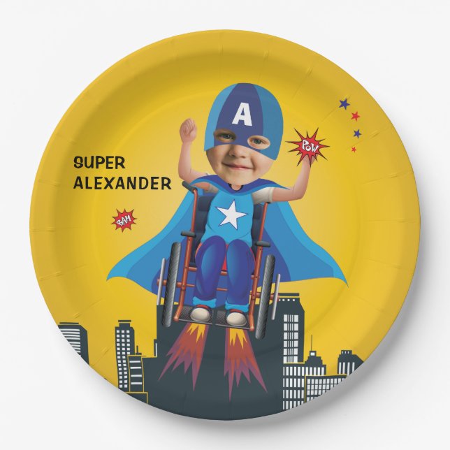 Disabled Flying Superhero Wheelchair Fun Birthday Paper Plates (Front)