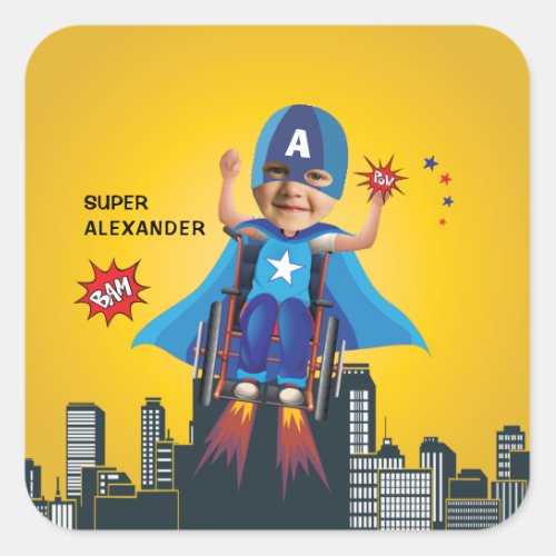 Disabled Flying Superhero Wheelchair Fun Birthday Square Sticker