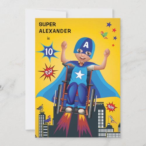 Disabled Fun Birthday Flying Superhero Wheelchair  Invitation