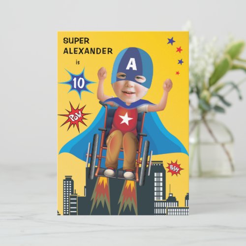 Disabled Superhero Flying Wheelchair Fun Birthday  Invitation