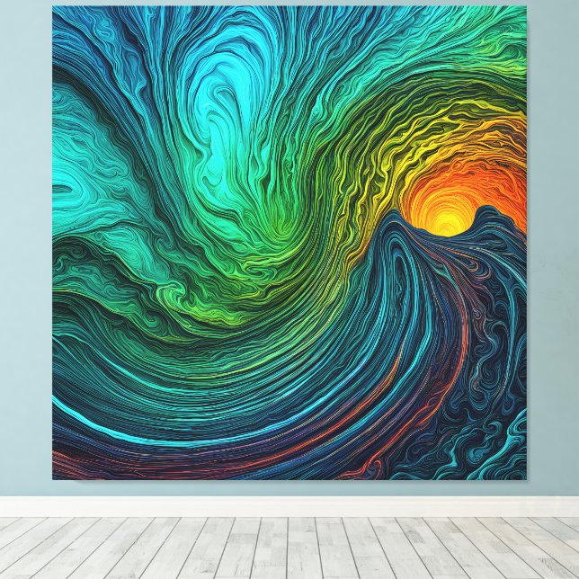 "Disappearing Sun" Abstract Fractal Waves Canvas Print (Insitu(Wood Floor))