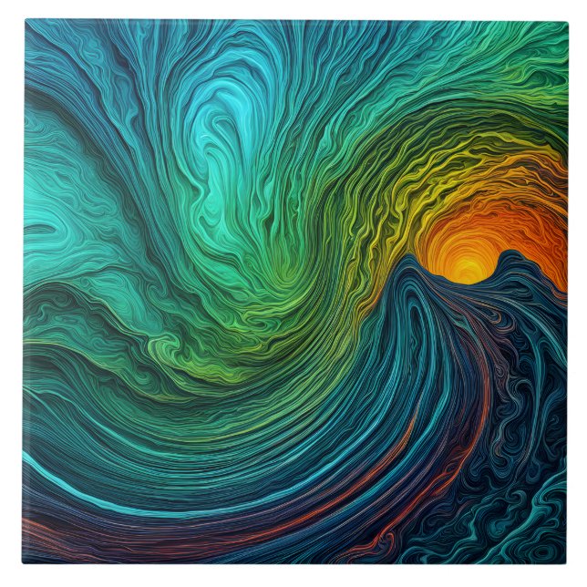"Disappearing Sun" Abstract Fractal Waves Ceramic Tile (Front)
