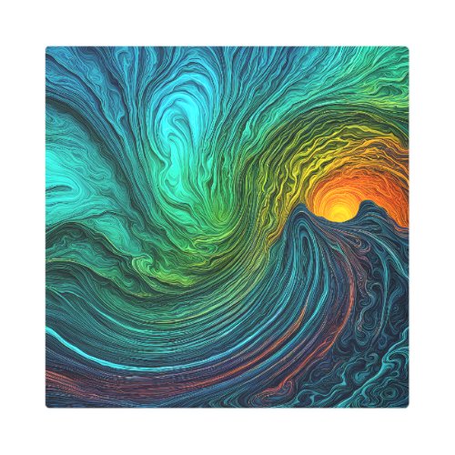 Disappearing Sun Abstract Fractal Waves Metal Print