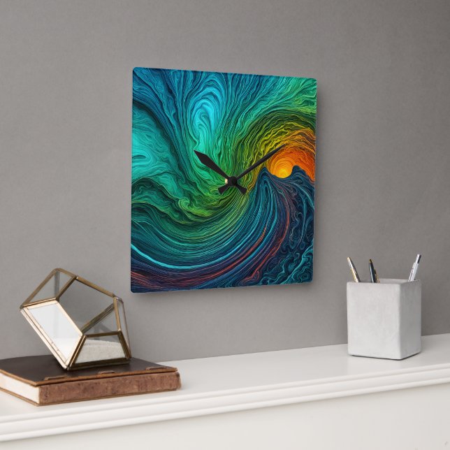 "Disappearing Sun" Abstract Fractal Waves Square Wall Clock (Office)