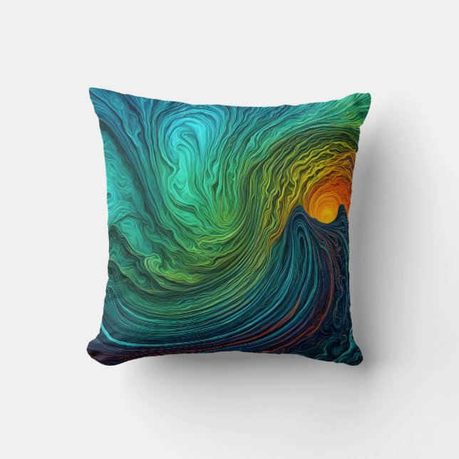 "Disappearing Sun" Abstract Fractal Waves Throw Pillow (Front)