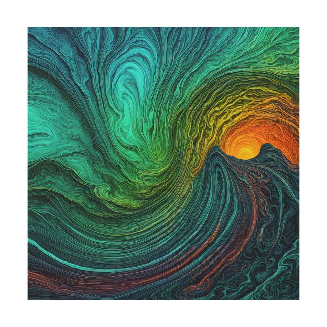 "Disappearing Sun" Abstract Fractal Waves Wood Wall Art (Front)
