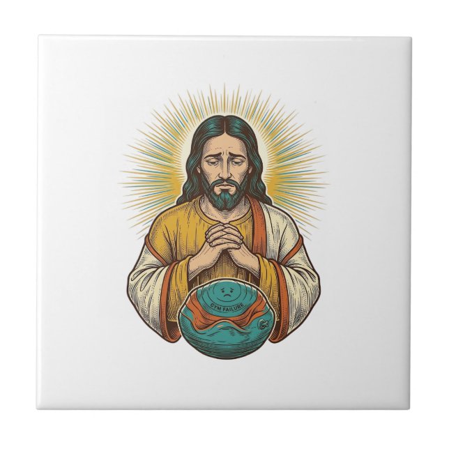 Disappointed Jesus Deflated Exercise Ball Gym Fail Ceramic Tile (Front)