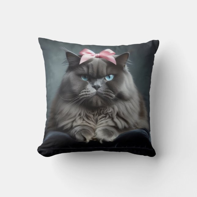 Disapproving Cat: Fluffy Gray Cat with Pink Bow. Throw Pillow (Front)