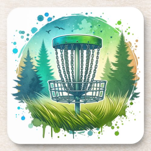Disc Golf Basket and Pine Trees Blue and Green Beverage Coaster