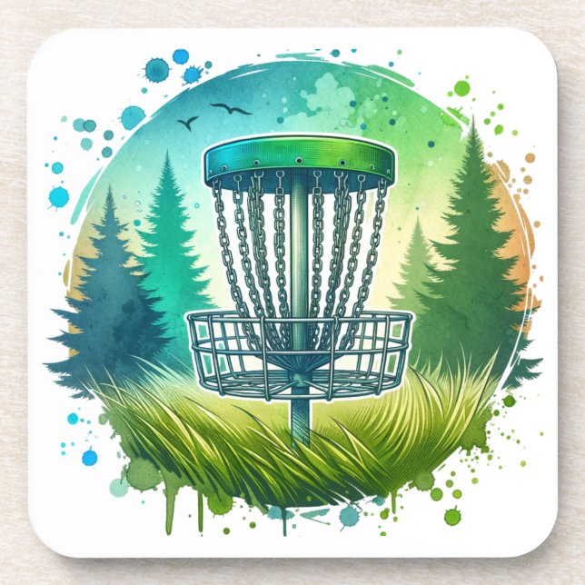 Disc Golf Basket and Pine Trees Blue and Green Beverage Coaster (Front)